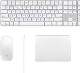 Schreibtischansicht mit Magic Mouse, USB‑C Kabel, Magic Trackpad und Magic Keyboard mit Ziffernblock Zubehör