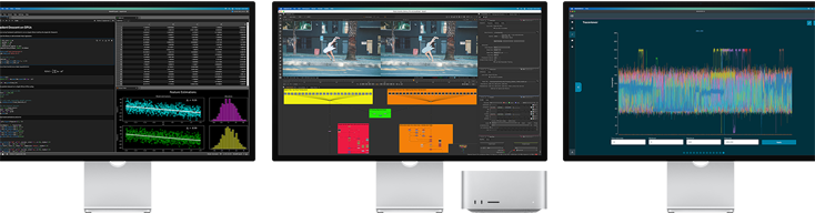 Der Mac Studio und drei Studio Displays, alle zeigen unterschiedliche macOS Apps