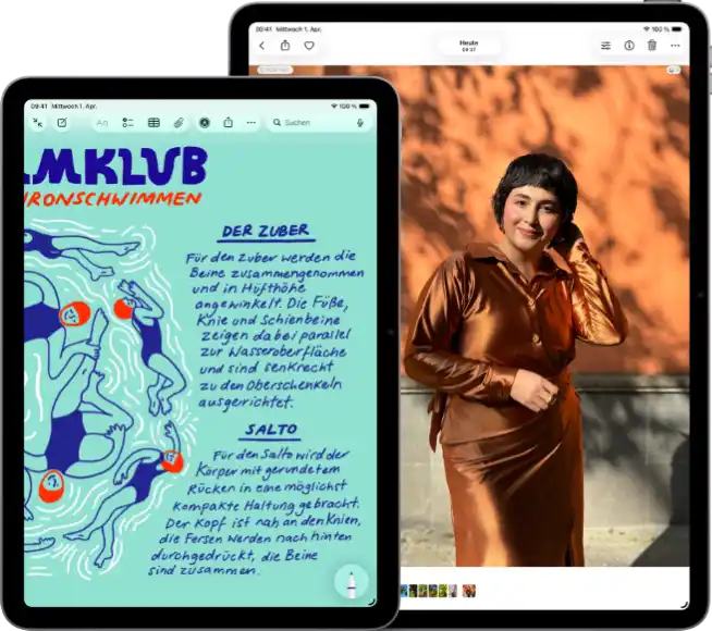 Zwei iPad Air Geräte, Größen: 11 Zoll und 13 Zoll, das 11 Zoll Modell zeigt farbigen Text in der Notizen App, das 13 Zoll Modell zeigt das Foto einer Person in der Fotos App