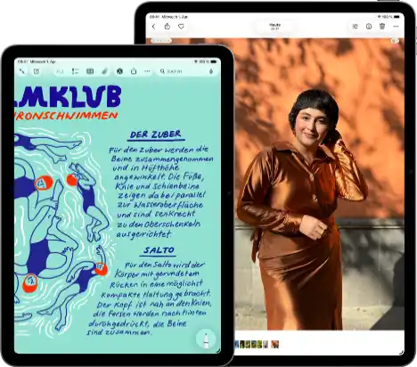 Zwei iPad Air Geräte, Größen: 11 Zoll und 13 Zoll, das 11 Zoll Modell zeigt farbigen Text in der Notizen App, das 13 Zoll Modell zeigt das Foto einer Person in der Fotos App