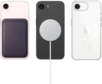 iPhone 17e i blekrosa med FineWoven-plånbok i färgen midnatt, iPhone 17e i svart med MagSafe-laddare, iPhone 17e i vitt med transparent skal med MagSafe