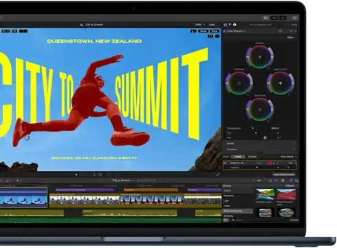 MacBook Air Display, Teilansicht, zeigt Videoschnitt, um die Fähigkeiten des M5 Chip zu veranschaulichen