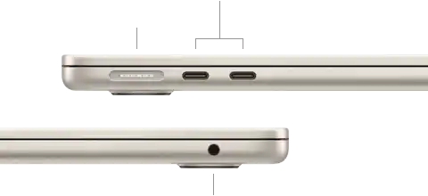 MacBook Air, zugeklappt, linke Seite mit MagSafe und zwei Thunderbolt Anschlüssen, rechte Seite mit Kopfhöreranschluss