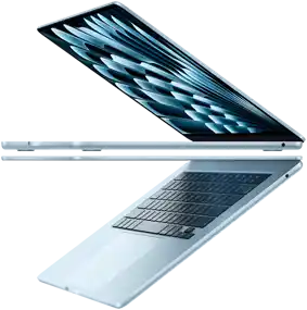 Zwei geöffnete MacBook Air Laptops in Farbe Himmelblau bilden einen Pfeil, um das dünne Profil zu betonen