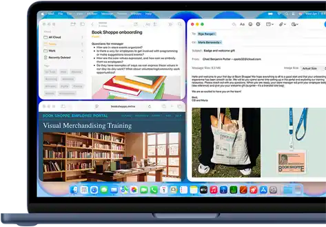 MacBook Neo, Farbe Indigo, das Display zeigt eine Begrüßungsmail für neue Mitarbeitende in einer Buchhandlung, andere Fenster enthalten Notizen mit Informationen zum Onboarding und zum Mitarbeiterportal der Buchhandlung in Safari