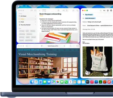 MacBook Neo, Farbe Indigo, das Display zeigt eine Begrüßungsmail für neue Mitarbeitende in einer Buchhandlung, andere Fenster enthalten Notizen mit Informationen zum Onboarding und zum Mitarbeiterportal der Buchhandlung in Safari