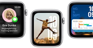 Übersetzen App, Wegbegleitung App, Fotos Zifferblatt, Modular Zifferblatt und Vitalzeichen App auf fünf Apple Watch SE Geräten