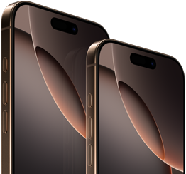 6,9" iPhone 16 Pro Max und 6,3" iPhone 16 Pro, Vorderseite, Actiontaste, Lautstärketasten, Dynamic Island oben in der Mitte